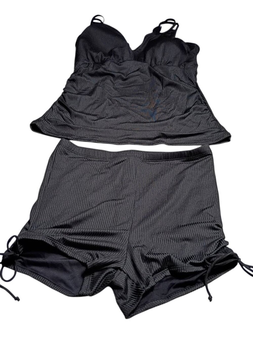 Women's 2-Piece Solid Black Ribbed Tankini Swimsuit Set Size: XL (Extra Large)